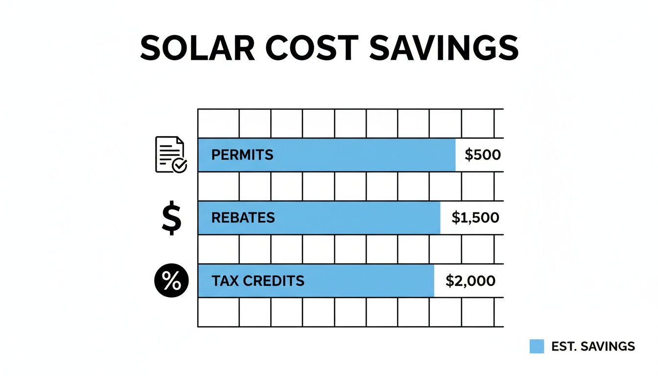 Bar chart illustrating solar cost savings from permits ($500), rebates ($1,500), and tax credits ($2,000).