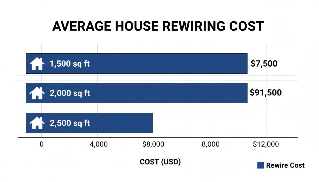 Horizontal bar chart displaying average house rewiring costs across various home sizes in square feet.