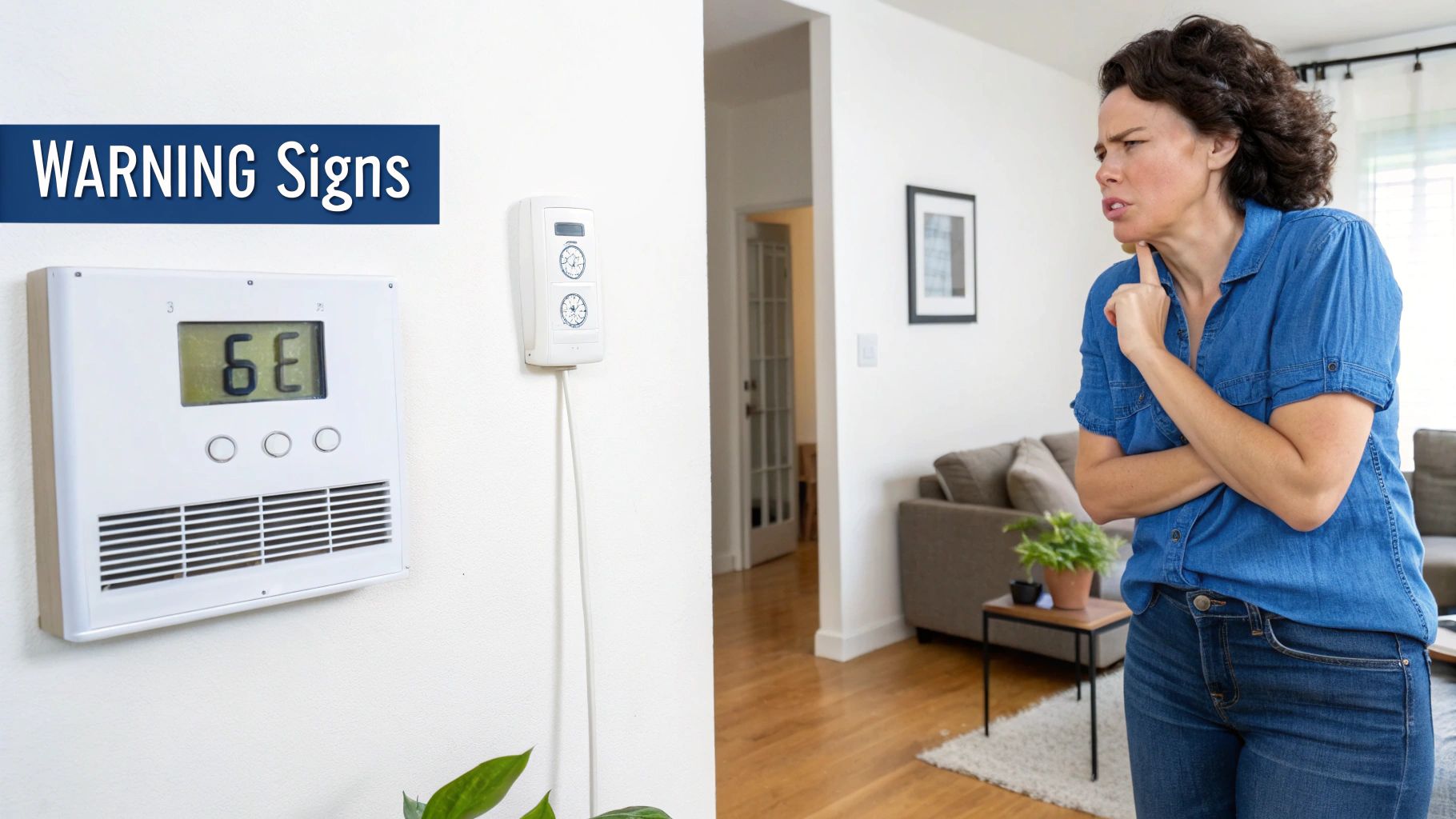 A concerned woman looks at a thermostat displaying an error, under a 'WARNING Signs' banner.