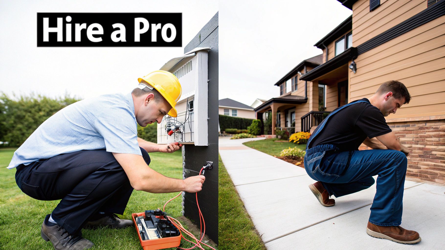 An electrician in a hard hat installs an electrical device on the exterior of a house.