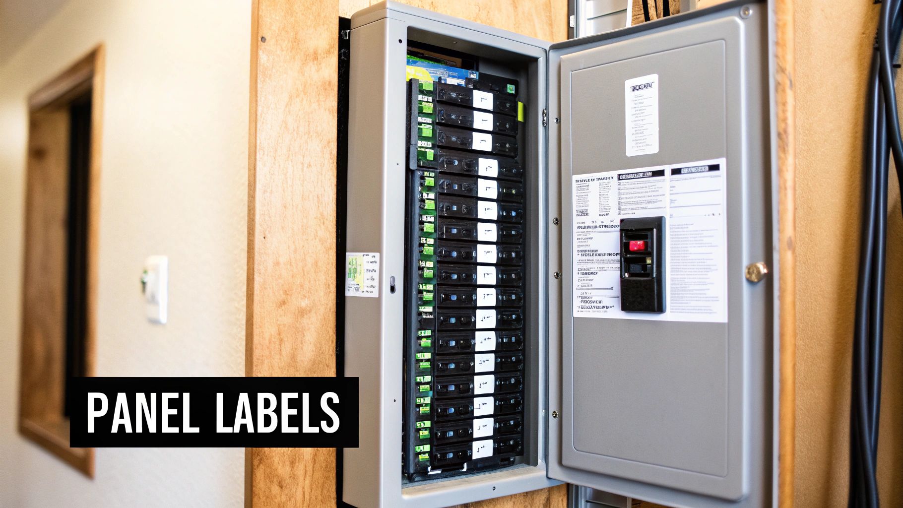 An open electrical service panel with numerous circuit breakers and detailed labels on the inside door.