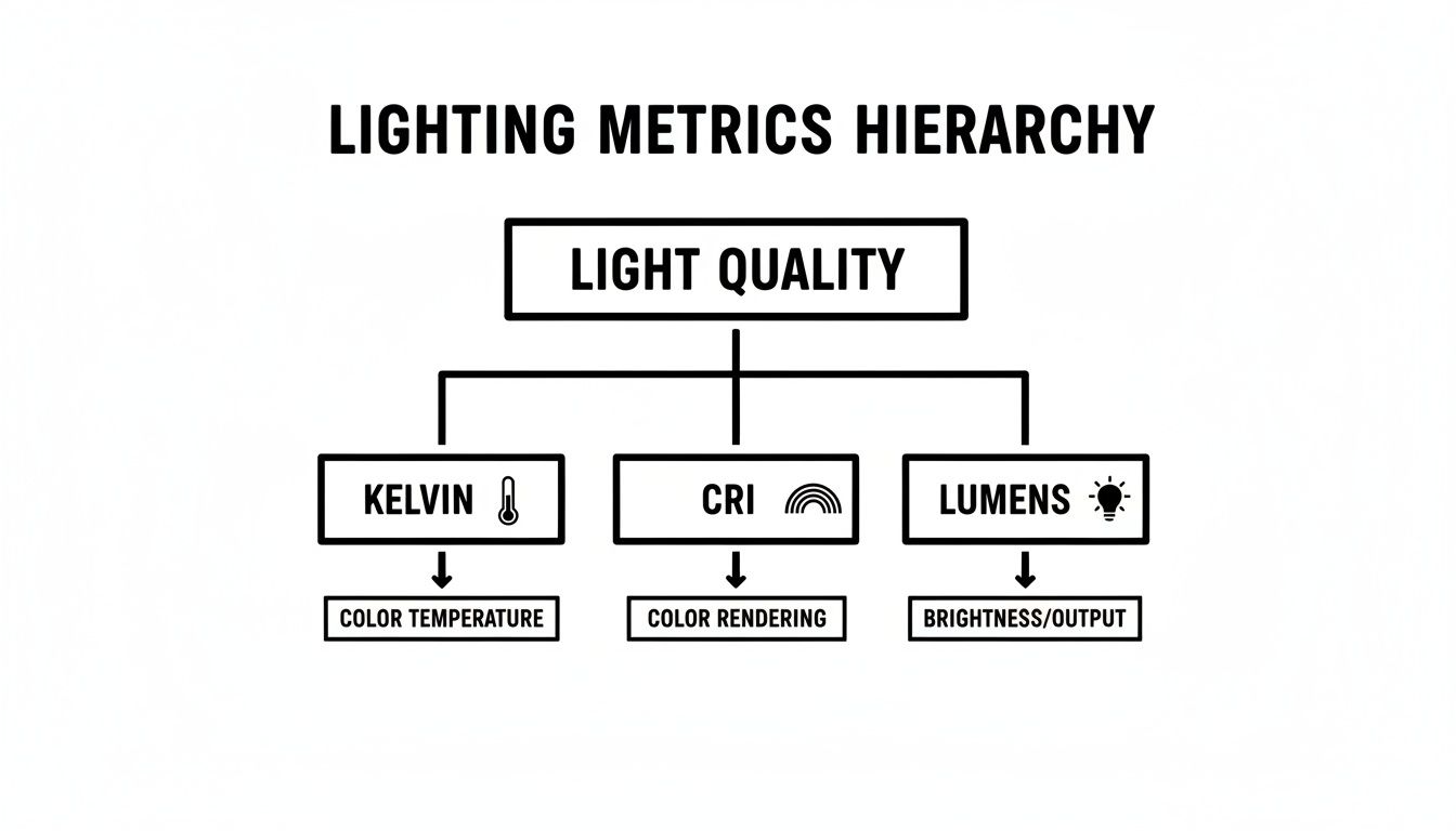 A hierarchy diagram illustrating lighting quality metrics: Kelvin for color temperature, CRI for color rendering, and Lumens for brightness output.