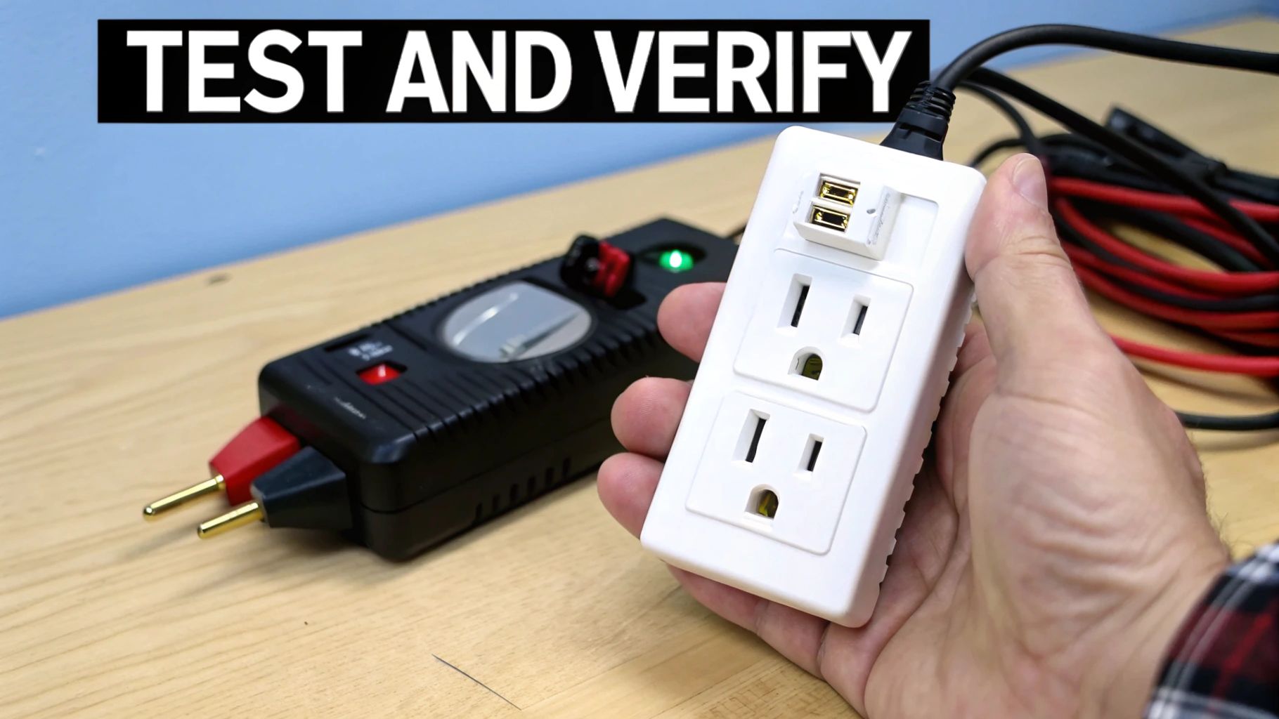A hand holds a white power strip with outlets and USB ports, next to an electrical tester.