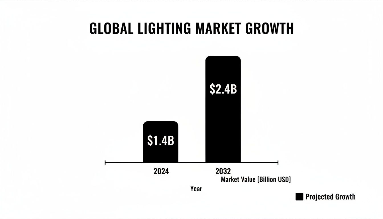 Bar chart illustrating global lighting market growth from $1.4B in 2024 to $2.4B in 2032.