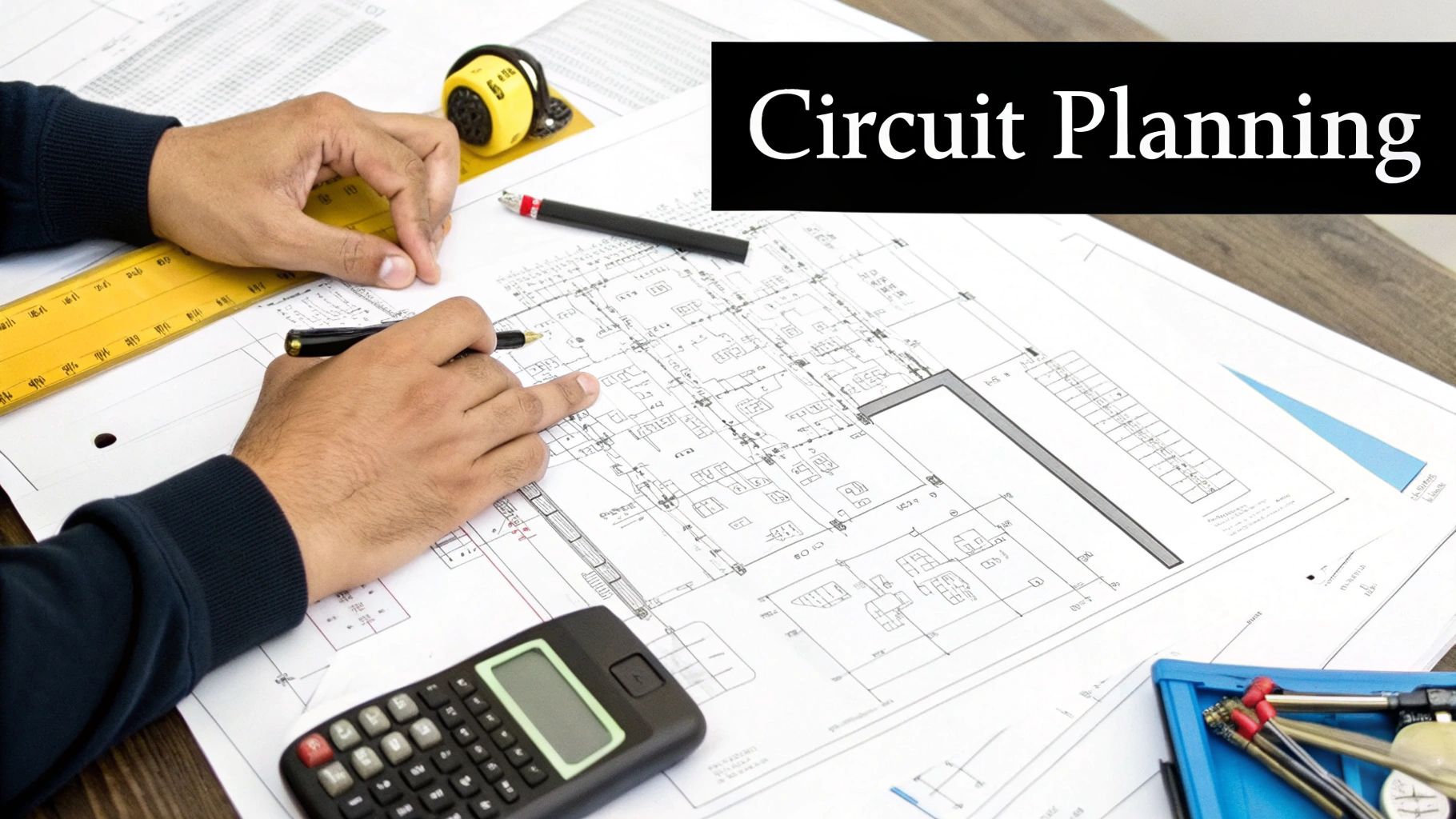 Hands working on an electrical circuit blueprint with a pen, ruler, and calculator, text 'Circuit Planning'.