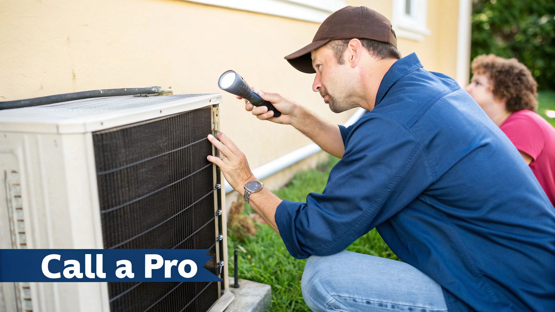 A technician wearing a cap inspects an outdoor air conditioning unit with a flashlight.