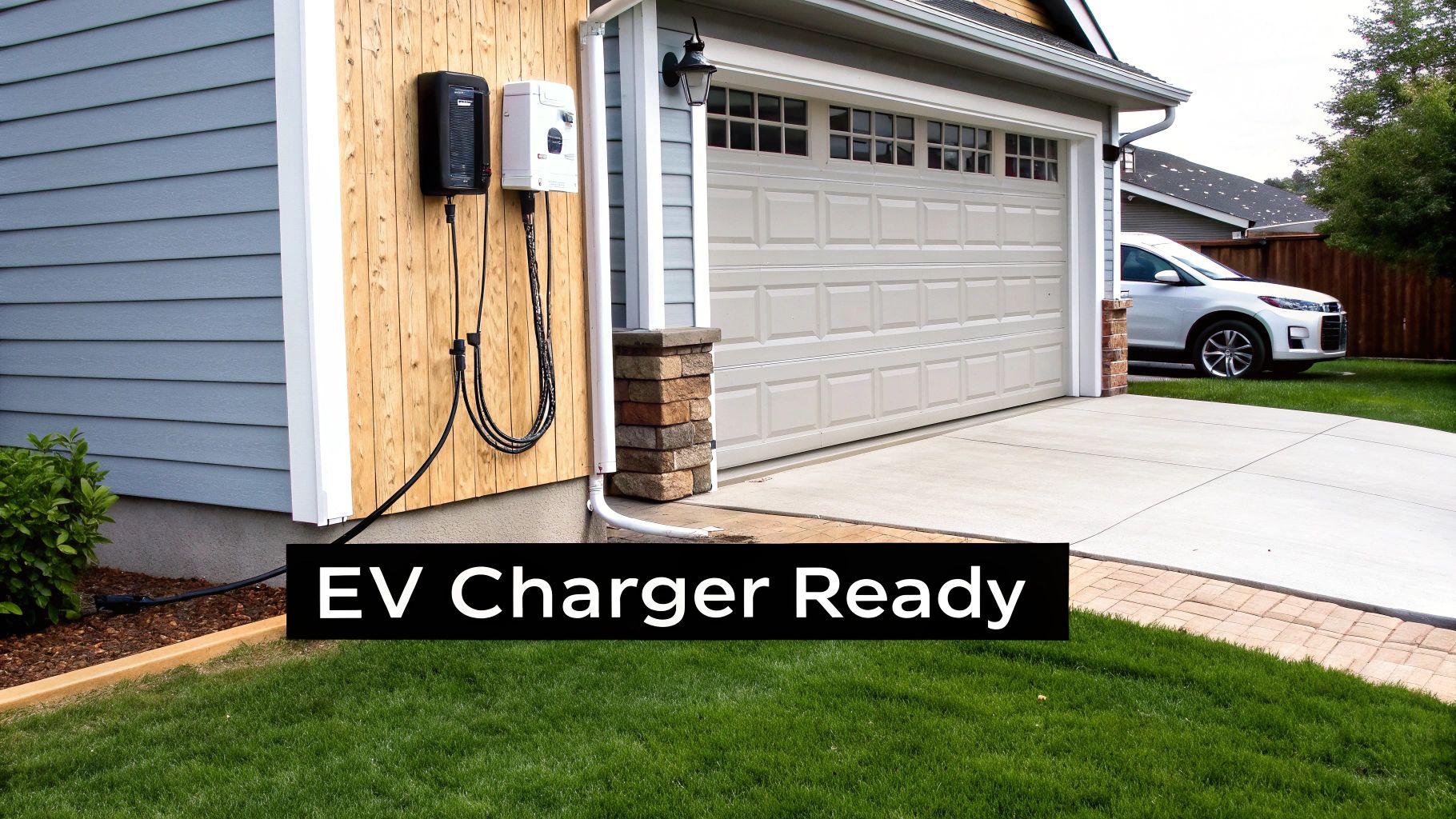 Modern home with an EV charger installed on wooden siding next to a beige garage door and driveway.