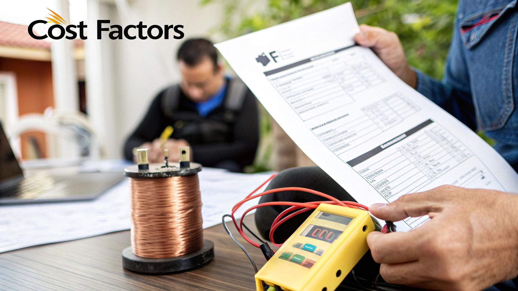 Electricians reviewing cost factors on documents with tools like a multimeter and copper wire.