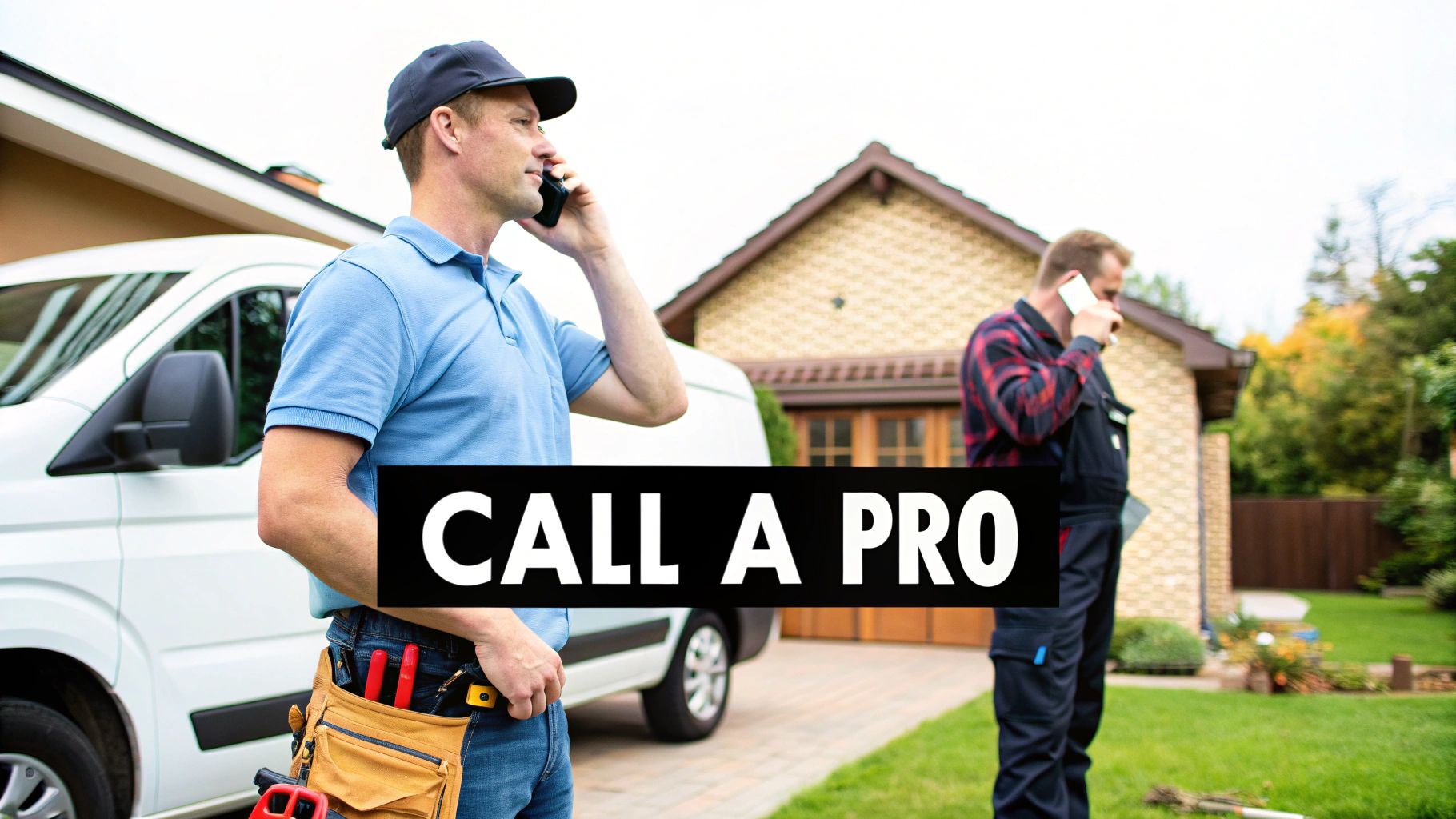 Two service professionals on their phones outside a house with a white van, ready to help.