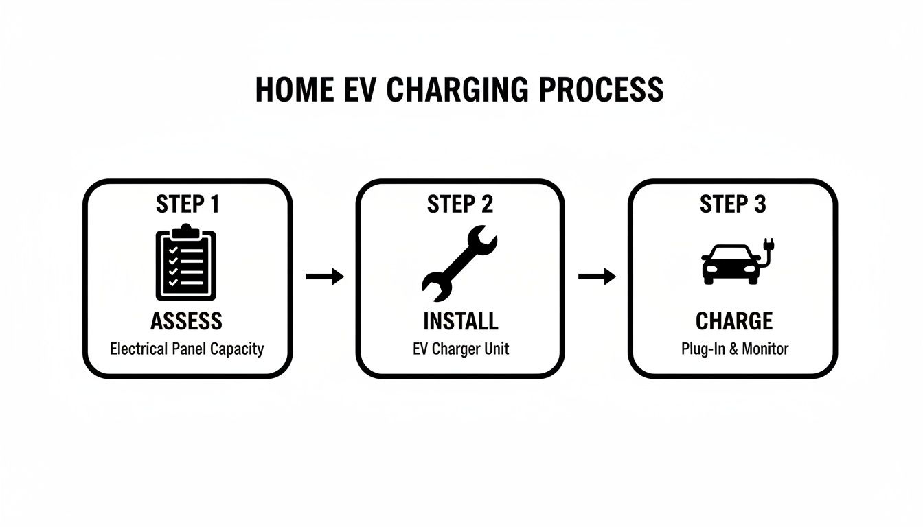An infographic detailing the 3-step home EV charging process: Assess, Install, and Charge.