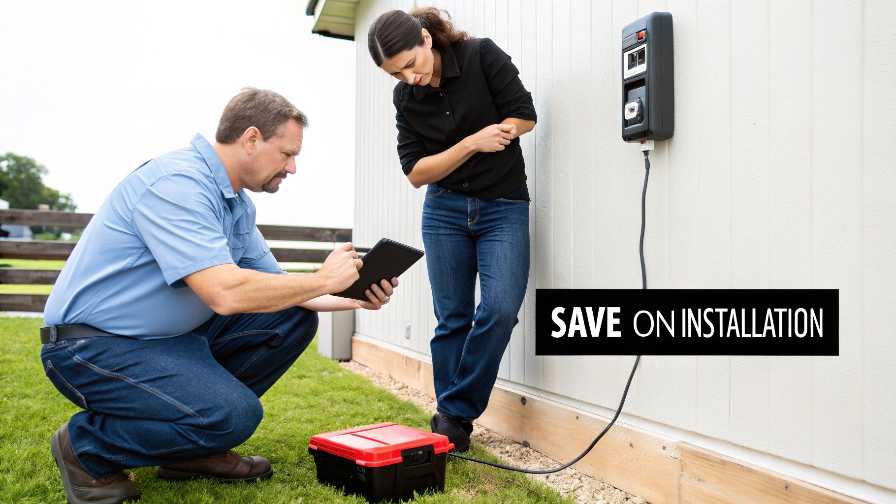 A technician explains an electric vehicle charger installation to a woman, next to a toolbox.