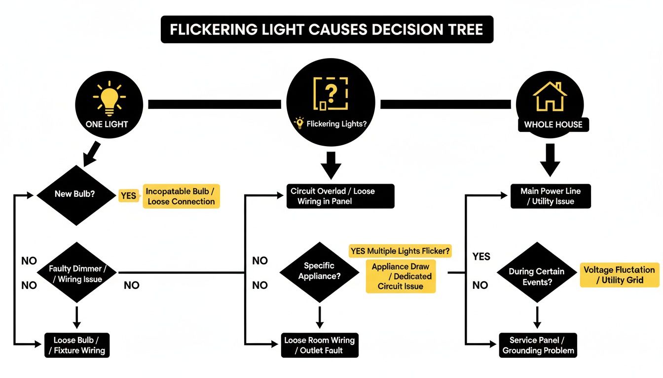 Decision tree illustrating the causes of flickering lights and how to troubleshoot them.