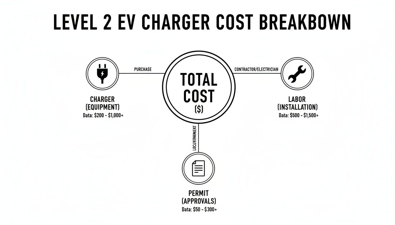 Level 2 EV charger installation cost breakdown with equipment, labor, and permit expenses.