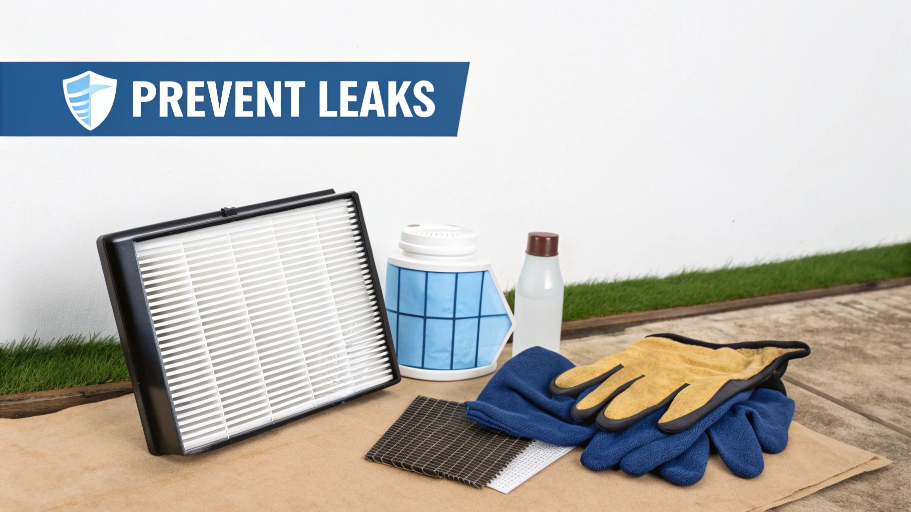 Air Conditioner Dripping Water Inside? A Practical Guide 4 Maintenance tools and supplies for preventing leaks, including an air filter, gloves, and a water bottle.