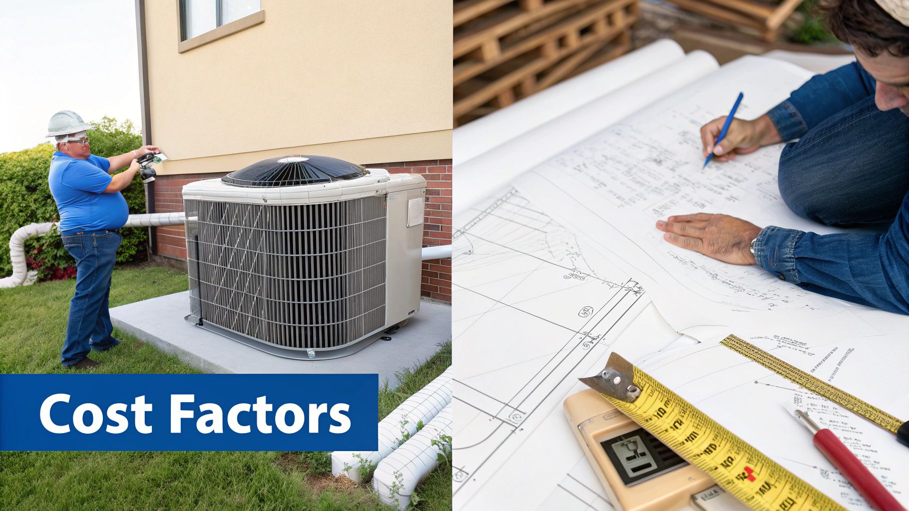A technician inspecting an outdoor AC unit and a person reviewing building blueprints, illustrating different cost factors.