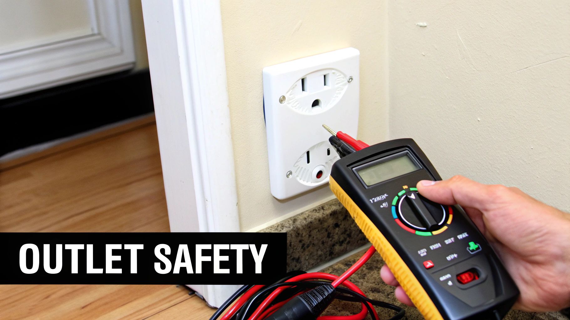 A hand uses a multimeter to test a white, child-safe electrical outlet, promoting outlet safety.