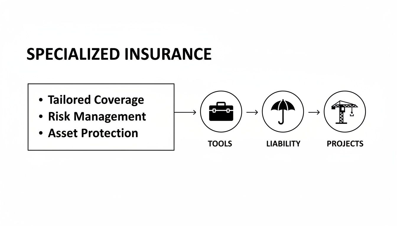 Diagram detailing specialized insurance for tailored coverage, risk management, and asset protection across tools, liability, and projects.