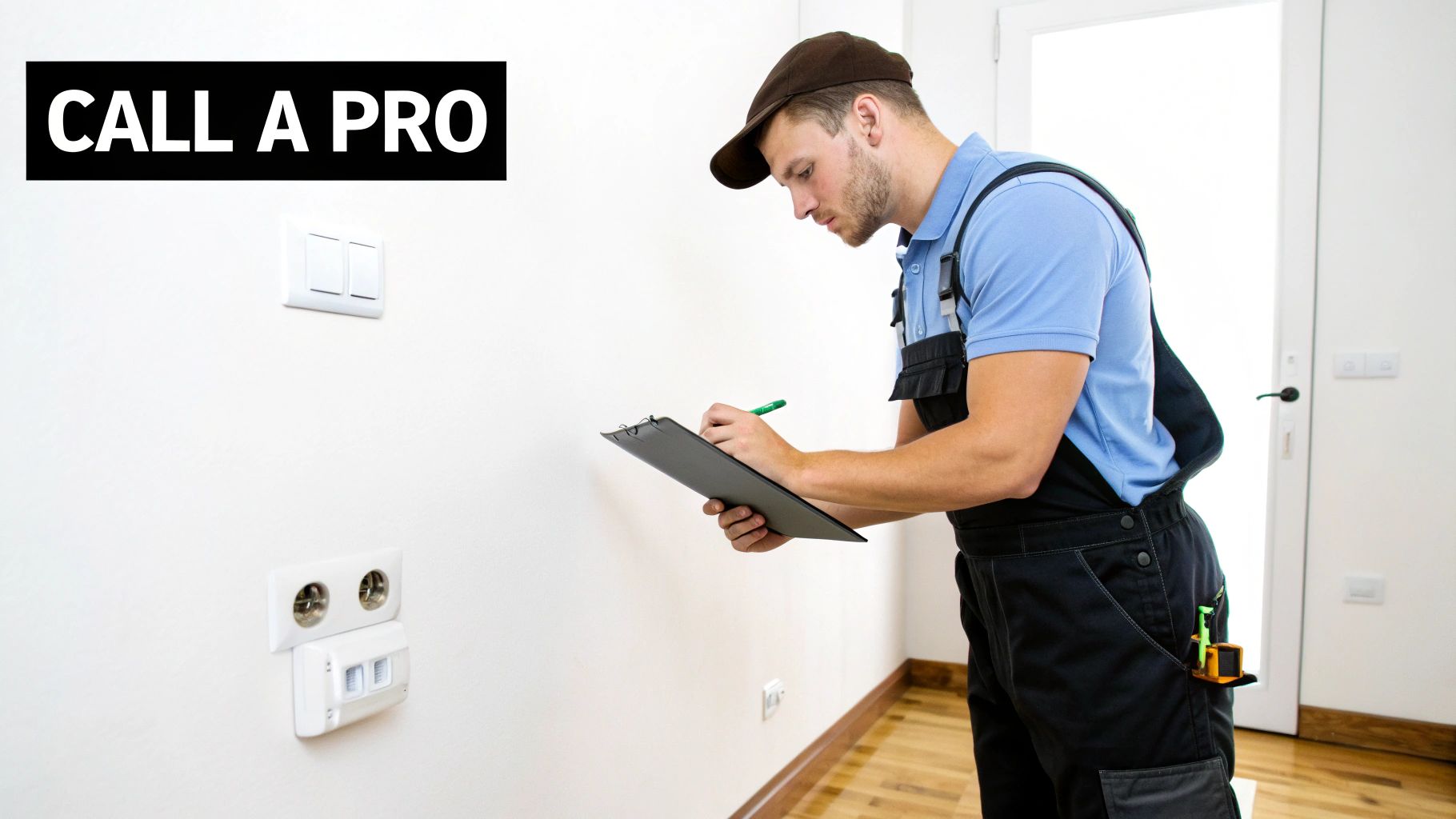 A professional electrician in overalls inspecting electrical outlets and light switches on a white wall.