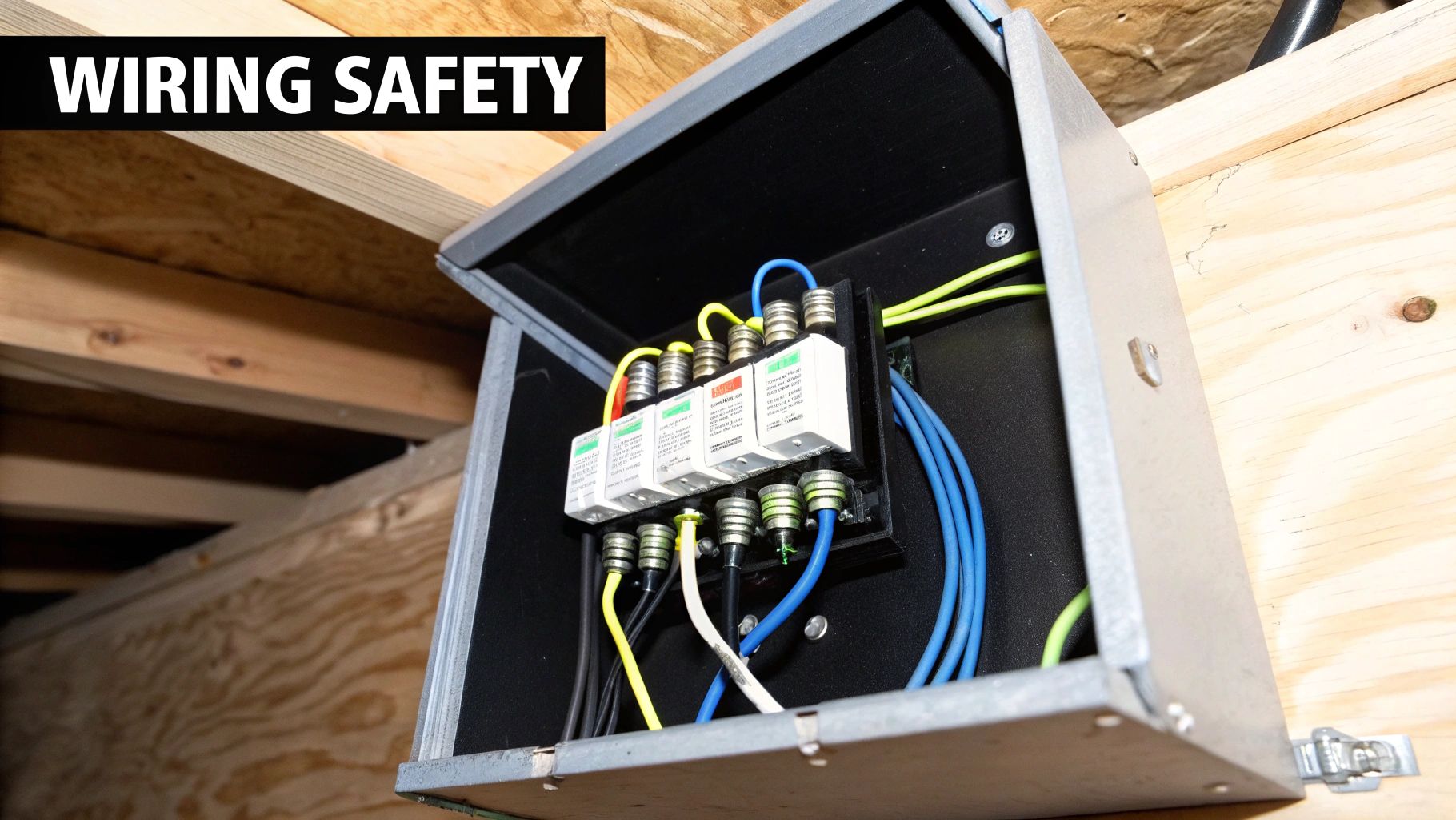 Close-up of an open electrical box with surge protectors and multi-colored wires.