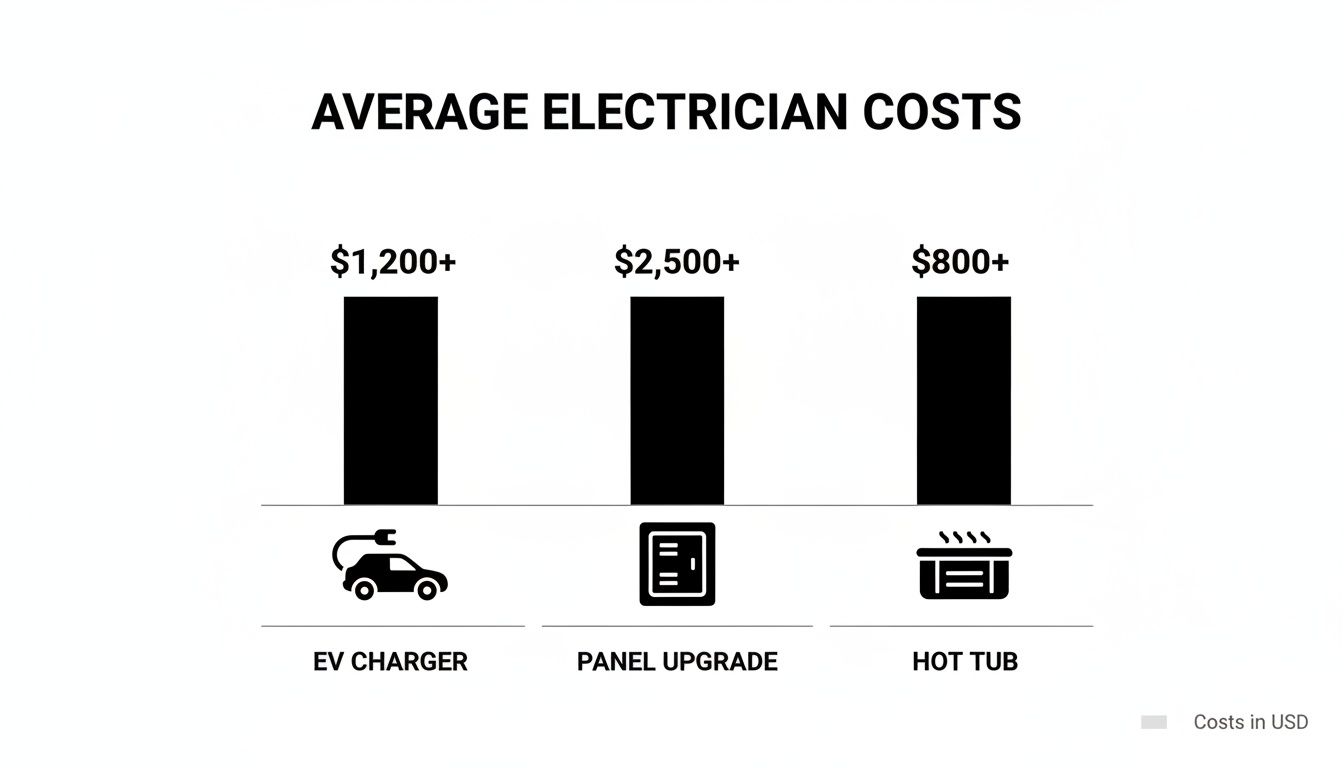 Bar chart displaying average electrician costs for installing an EV charger, panel upgrade, and hot tub.