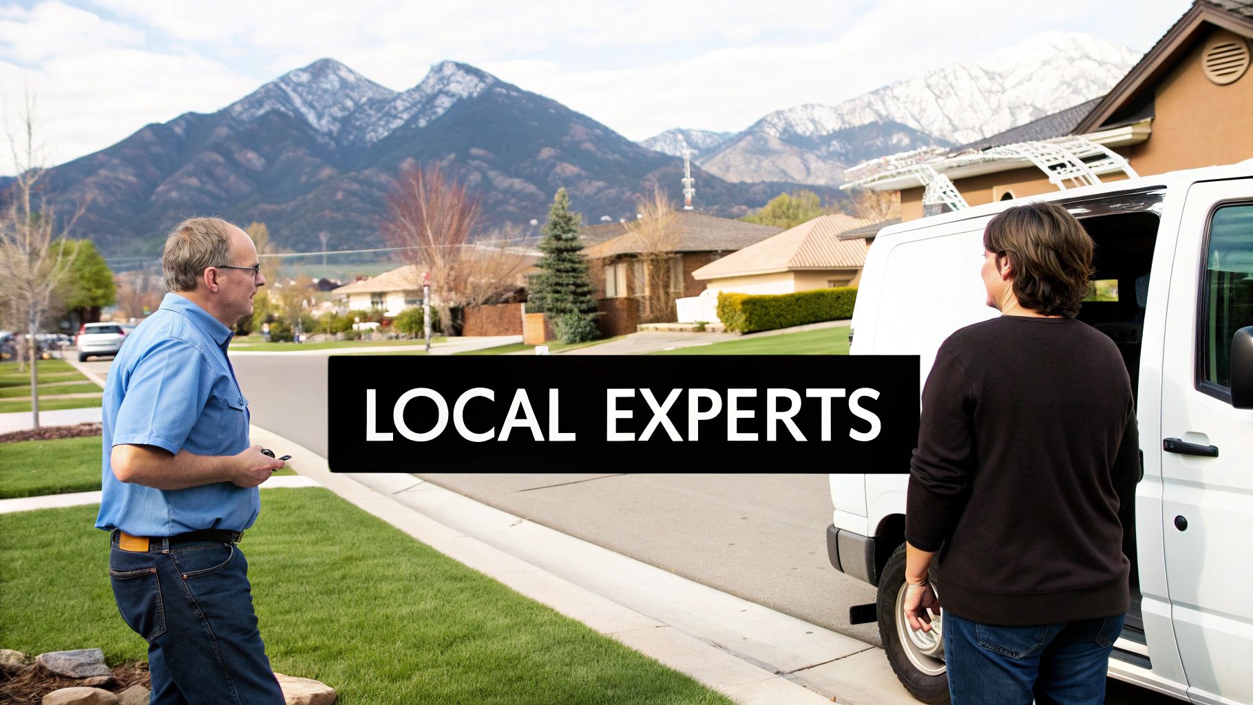 Two local service experts, a man and a woman, stand next to a white van in a neighborhood.
