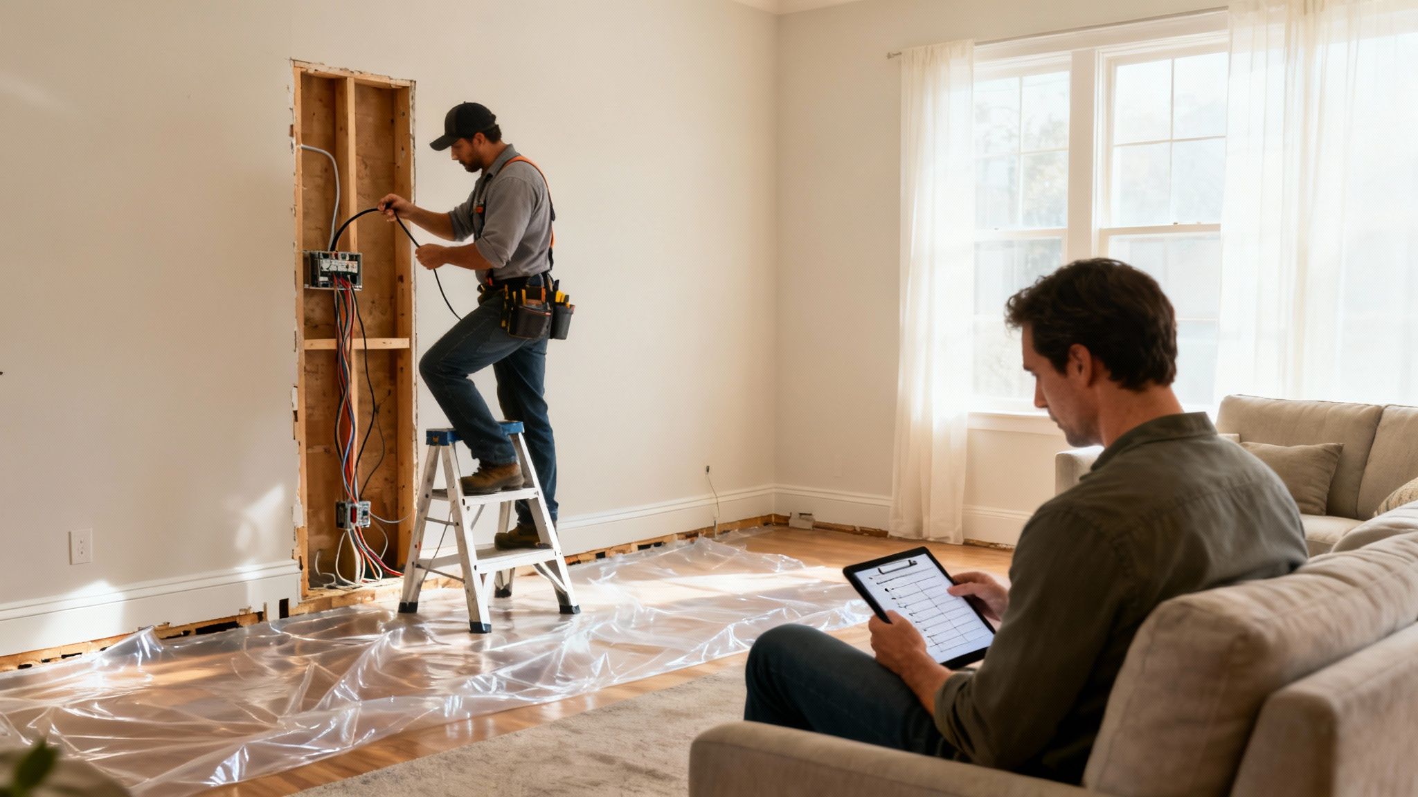 An electrician on a ladder rewiring a house while a man checks a tablet.