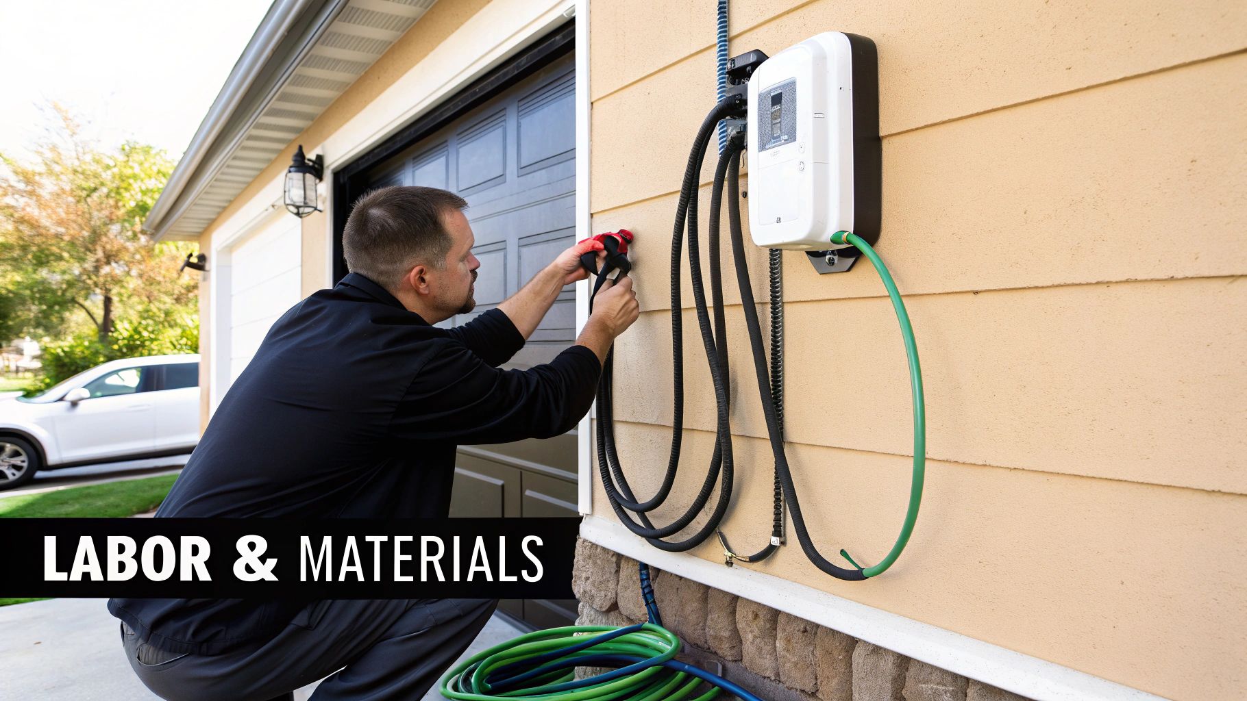 A man installs an electric vehicle charger on the exterior wall of a beige house, highlighting labor and materials.