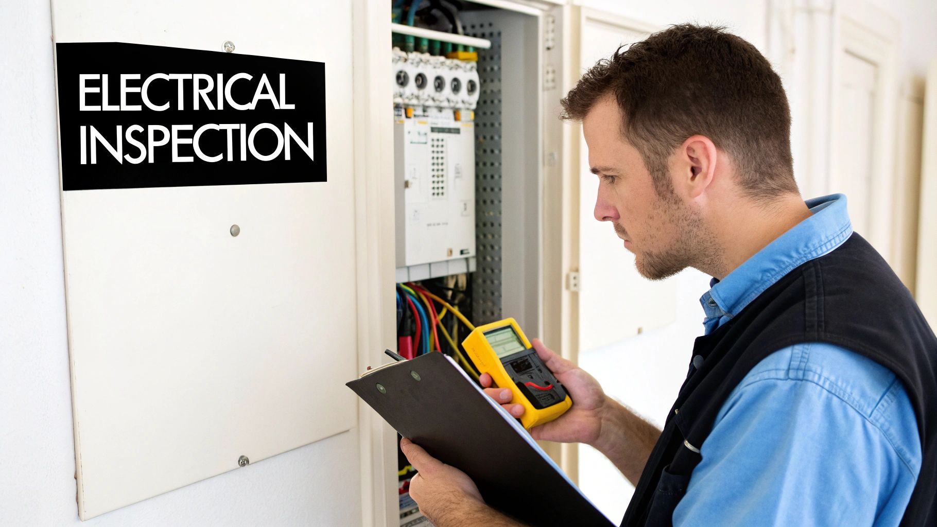 An electrician performs an electrical inspection, checking a circuit breaker panel with a multimeter and clipboard.