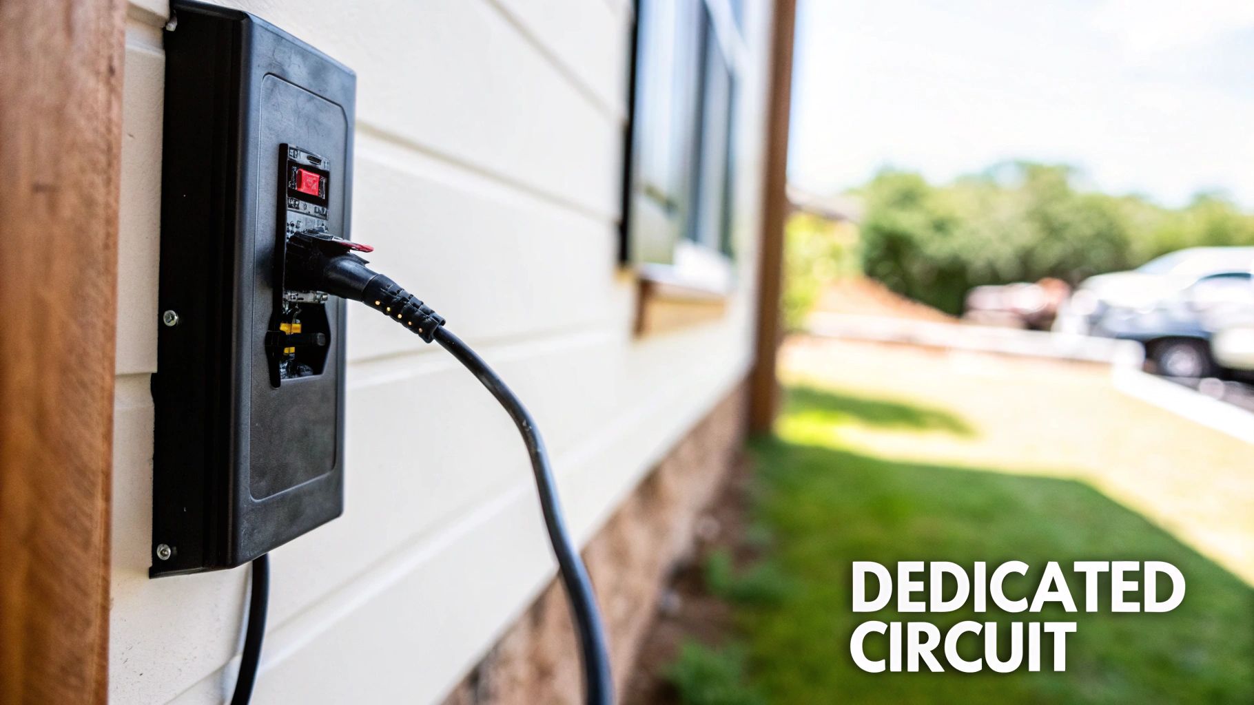 A black electric vehicle charging station with a plug connected, mounted on a white residential wall.