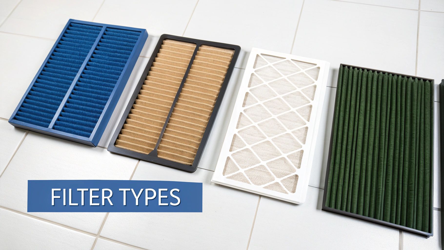A variety of different HVAC air filters, including pleated and mesh types, arranged on a white tiled floor.