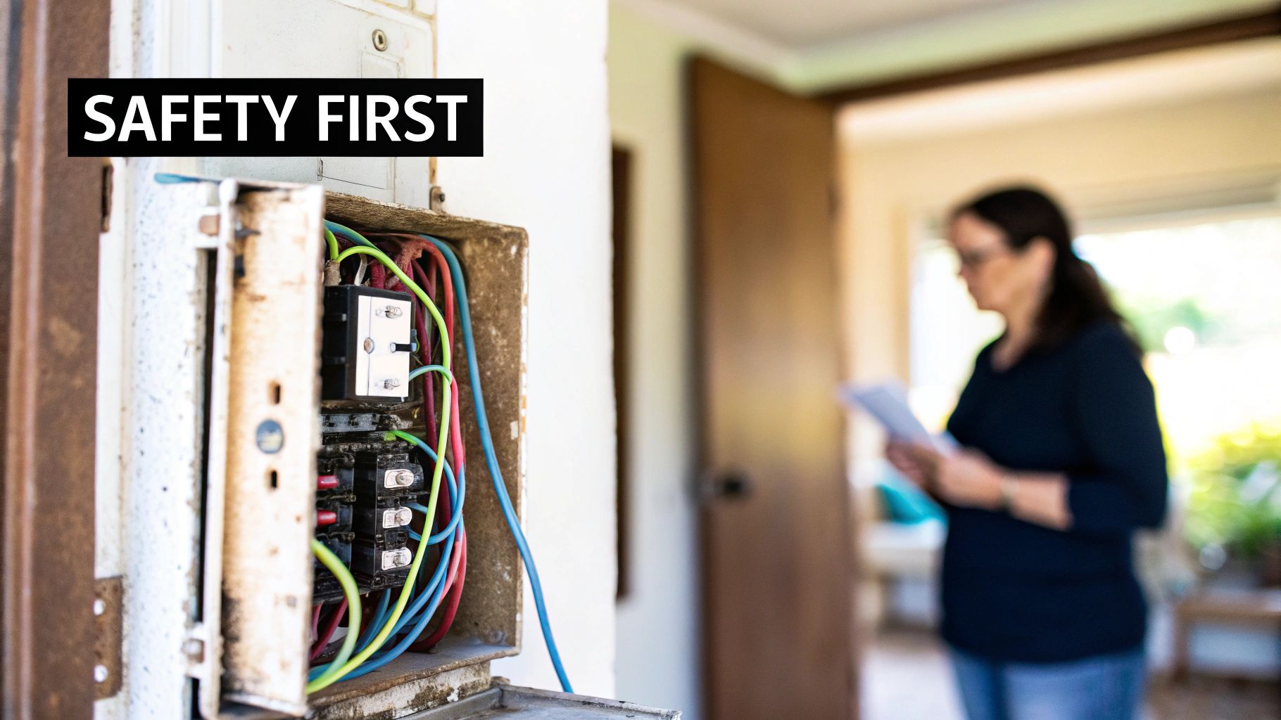 An open, old electrical panel with exposed wires and circuit breakers, displaying 'SAFETY FIRST' text.