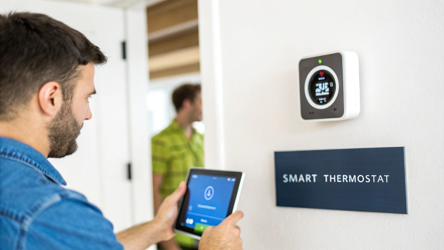 A bearded man operates a smart thermostat on a white wall using a digital tablet.