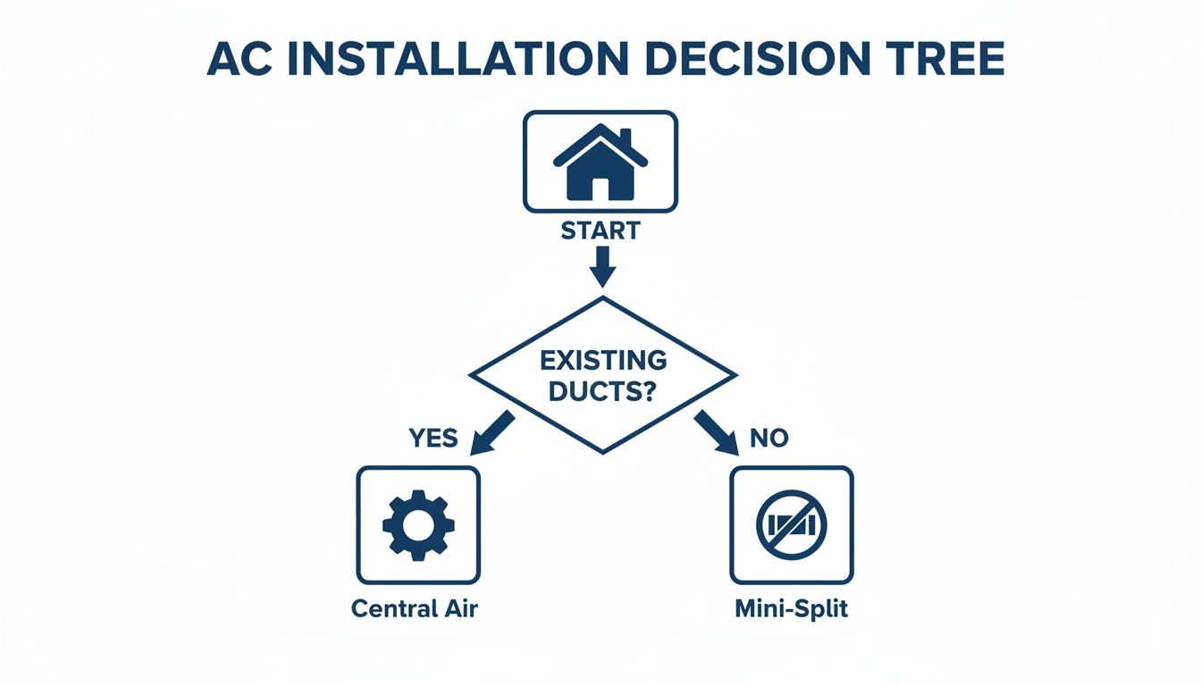 Ductless Mini Split vs Central Air for Your Arizona Home 5 An AC installation decision tree flowchart showing options for central air or mini-split systems.