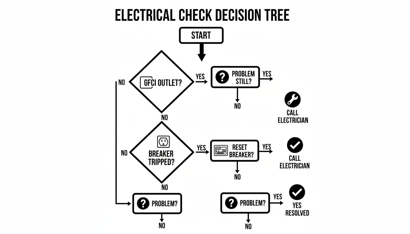 Decision tree for electrical checks, guiding users through troubleshooting GFCI outlets and circuit breakers.