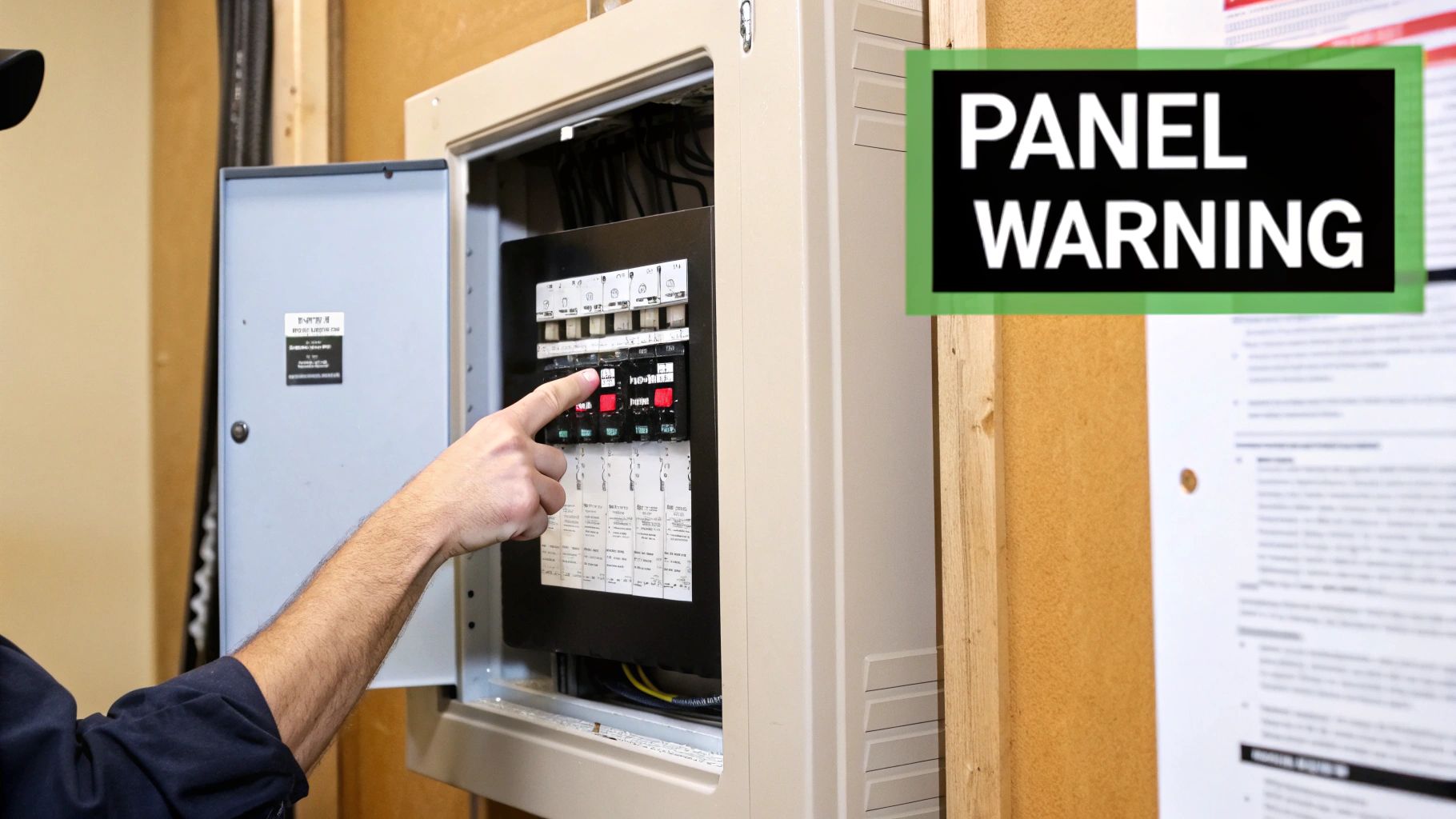 A person's hand points at a red circuit breaker inside an open electrical panel, with a 'PANEL WARNING' sign.