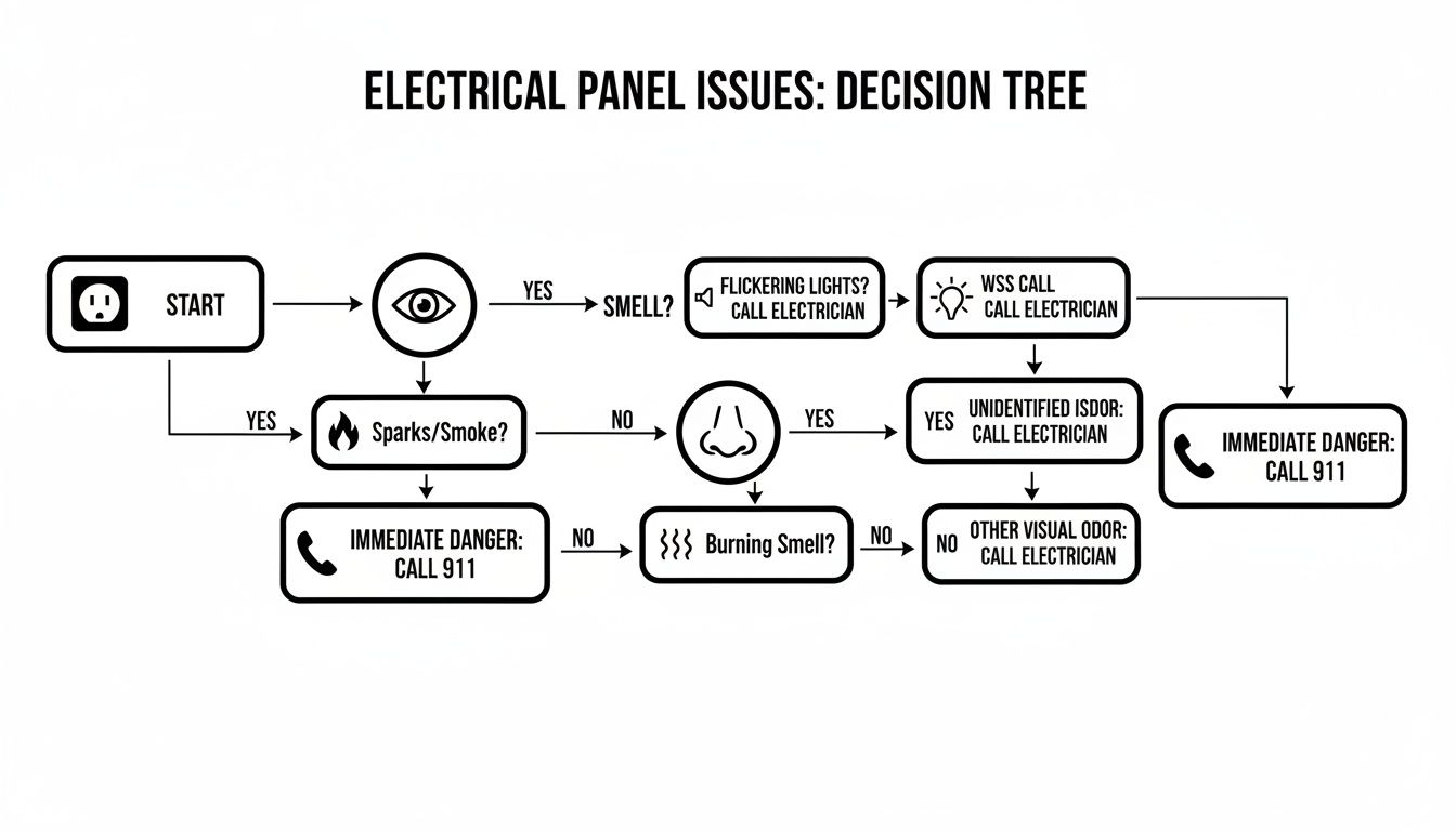 Decision tree flowchart for diagnosing electrical panel issues, guiding users to call an electrician or 911.
