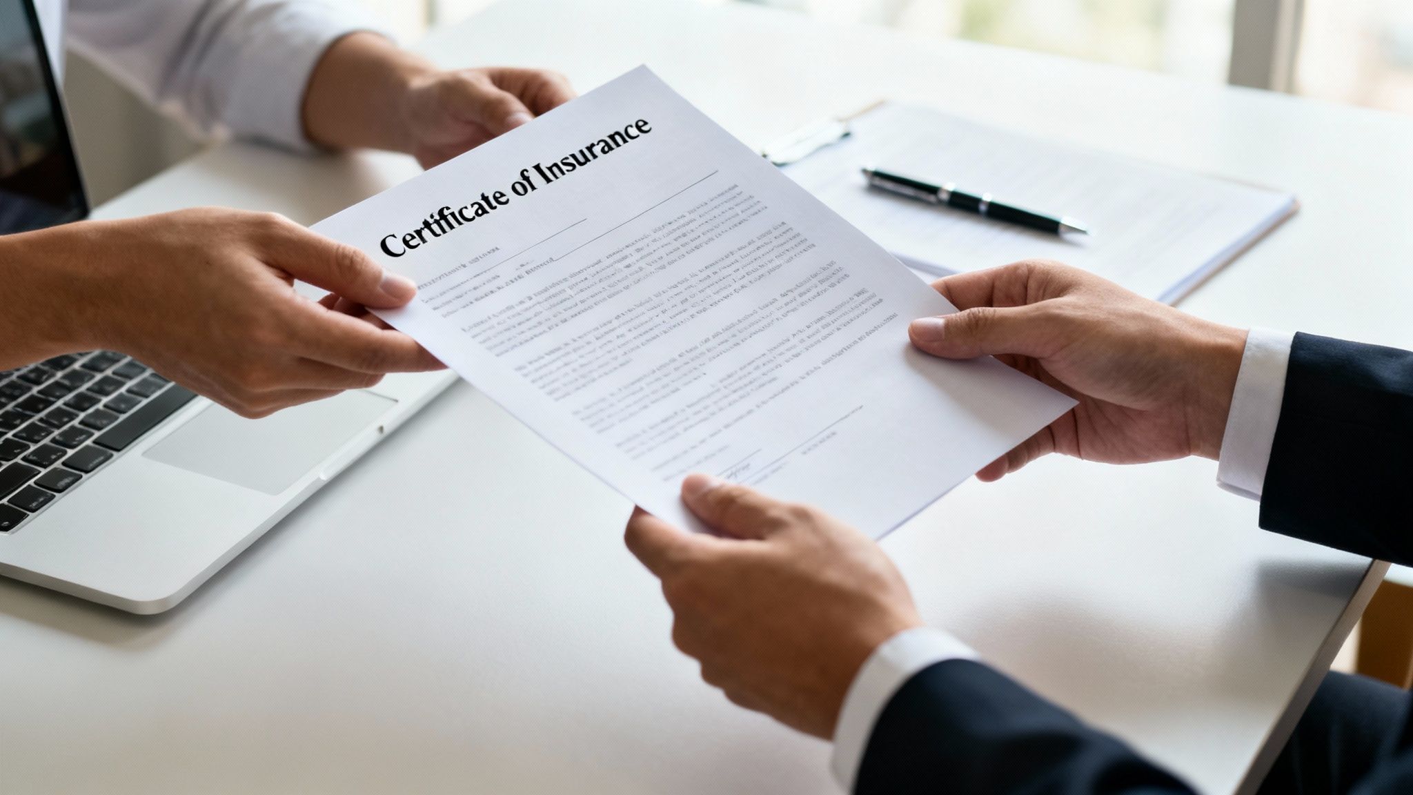 Hands exchanging a 'Certificate of Insurance' document across a white desk with a laptop.