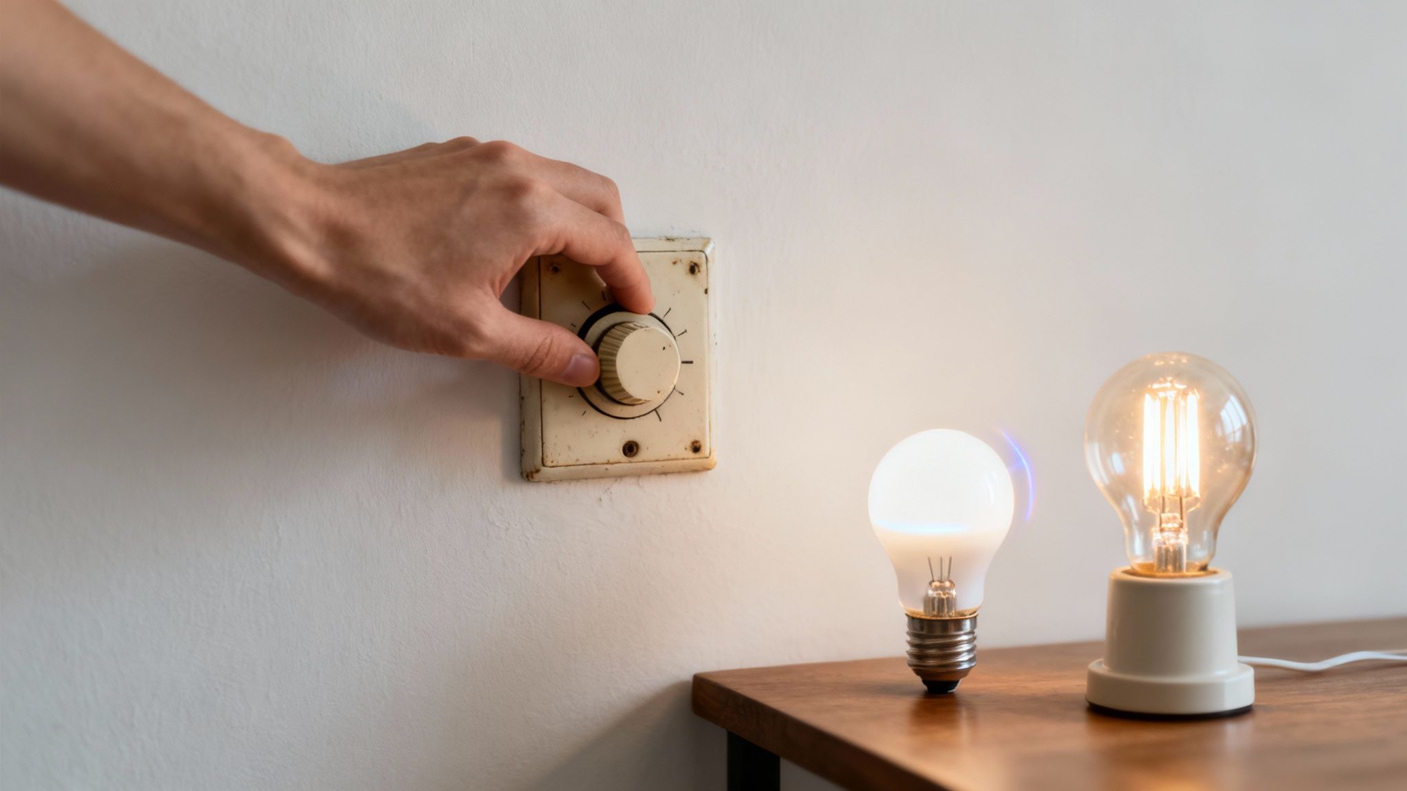 A hand adjusts an old dimmer switch on a white wall, controlling two glowing light bulbs on a wooden table.