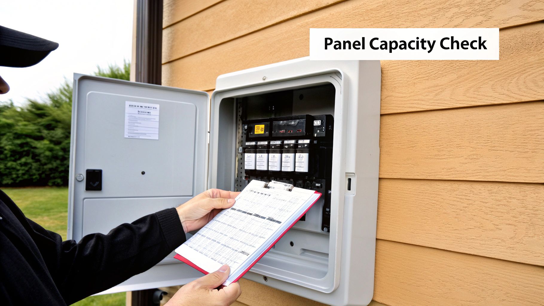 An electrician performs a panel capacity check on an outdoor electrical box with a checklist.