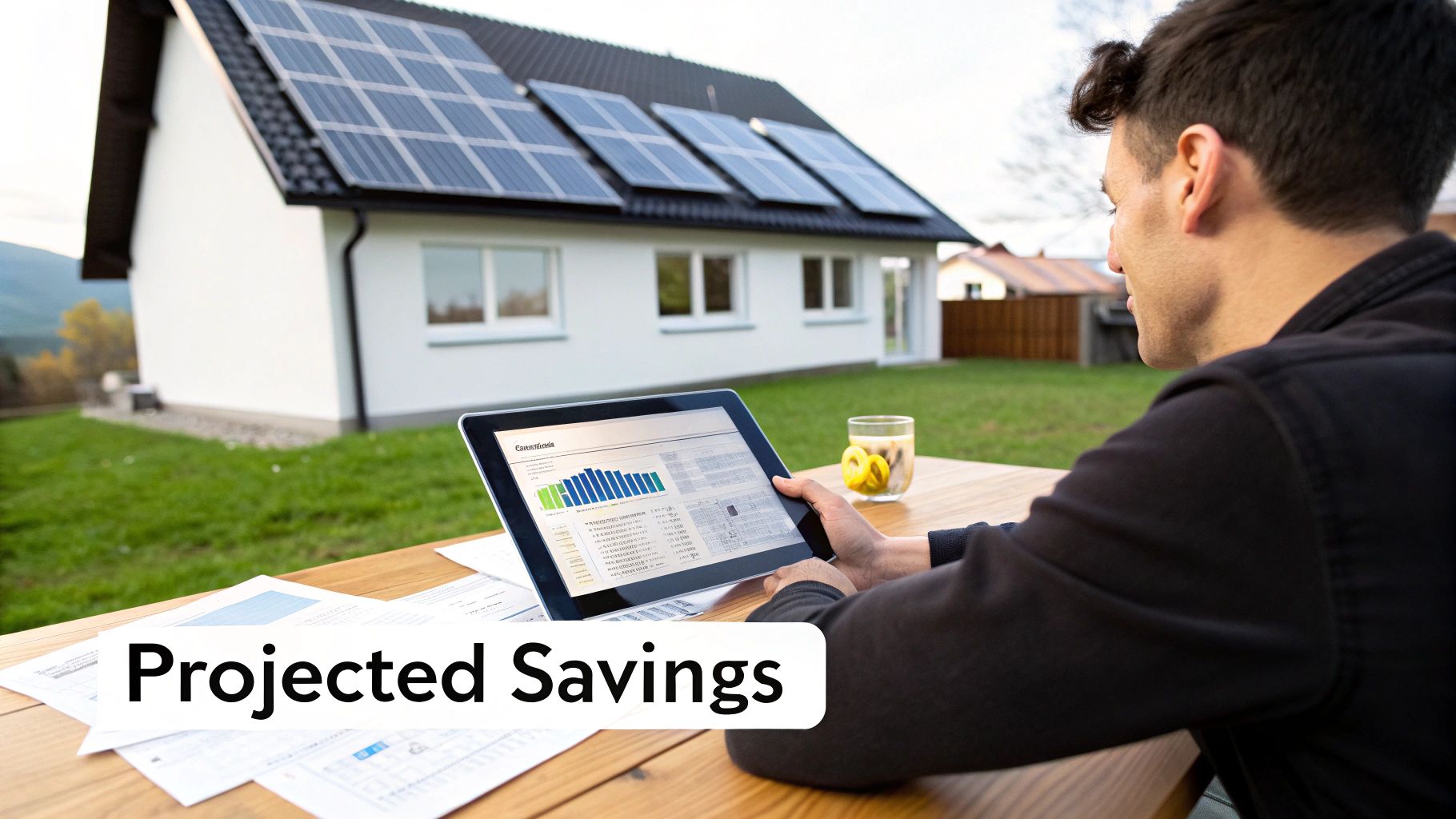 A man reviews projected solar energy savings on a tablet in front of his house with solar panels.