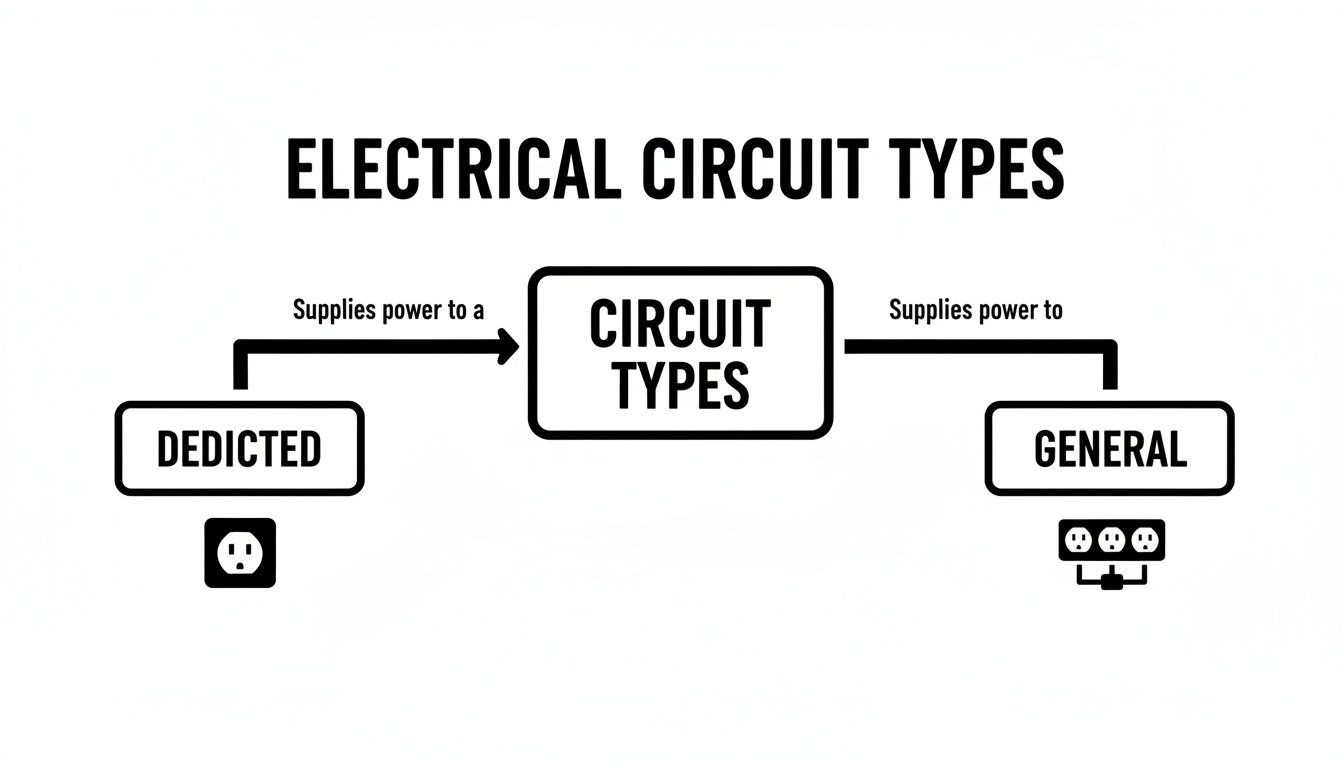A diagram illustrating electrical circuit types: dedicated circuits supply power to a single outlet, while general circuits supply power to multiple outlets.