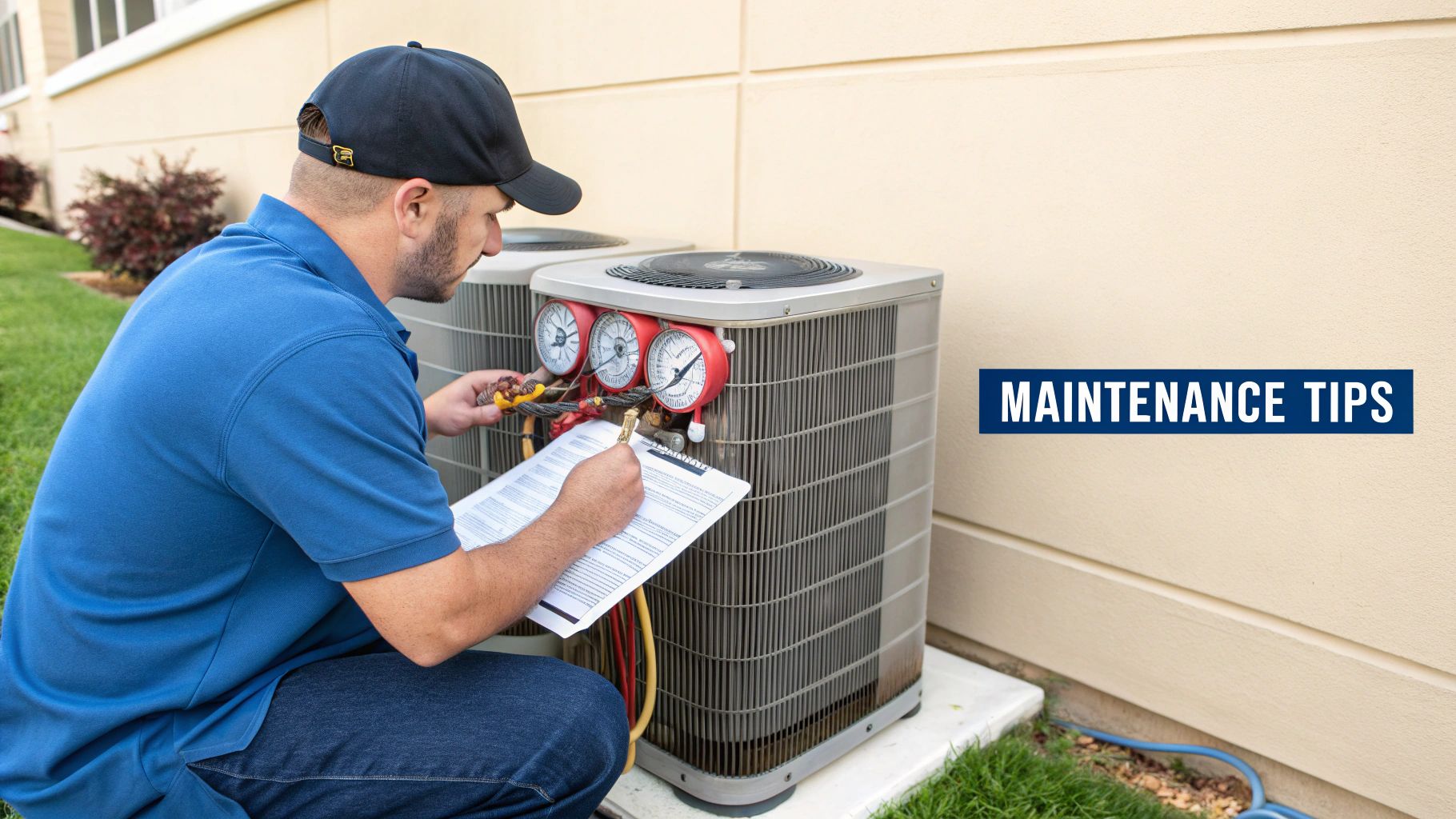 A man in a blue shirt inspecting an air conditioning unit with gauges and a clipboard, illustrating maintenance tips.