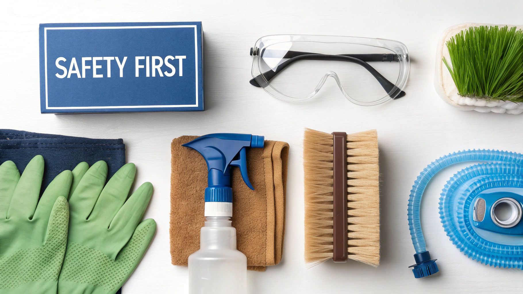 Flat lay of cleaning and safety equipment, including gloves, spray bottle, brushes, safety glasses, and a "SAFETY FIRST" sign.