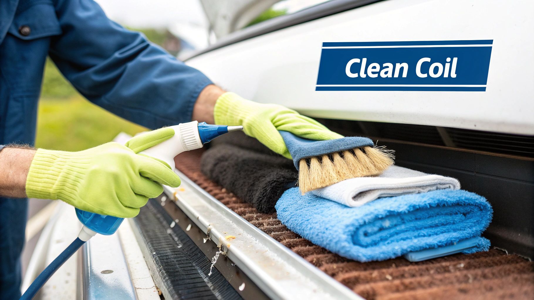 Person in green gloves cleaning a dirty coil with a spray bottle, brush, and towels.
