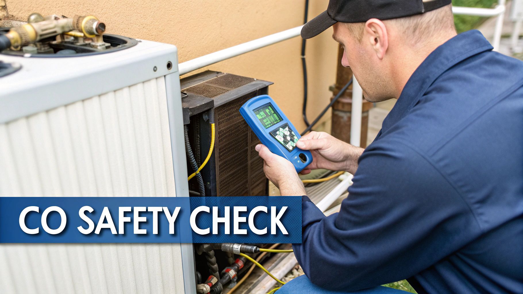 Technician performs a CO safety check on an outdoor furnace or HVAC unit using a digital device.