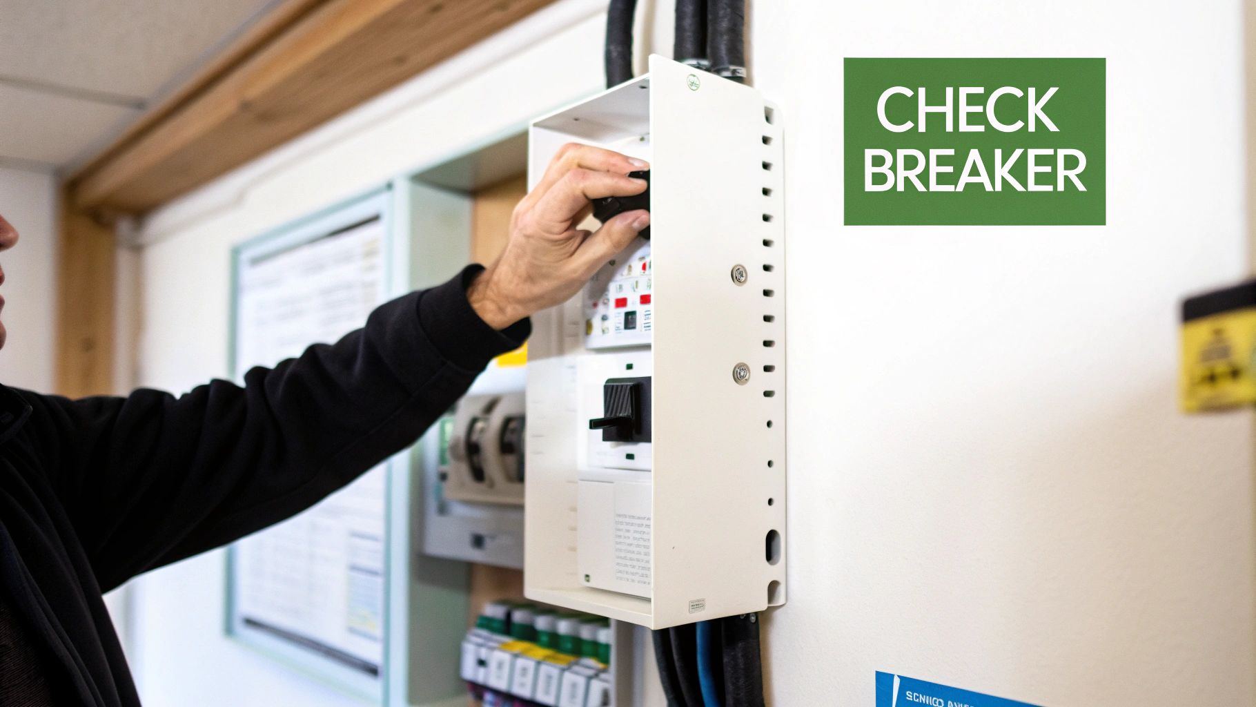 A person's hand adjusts a switch inside an electrical breaker box with a 'CHECK BREAKER' sign.