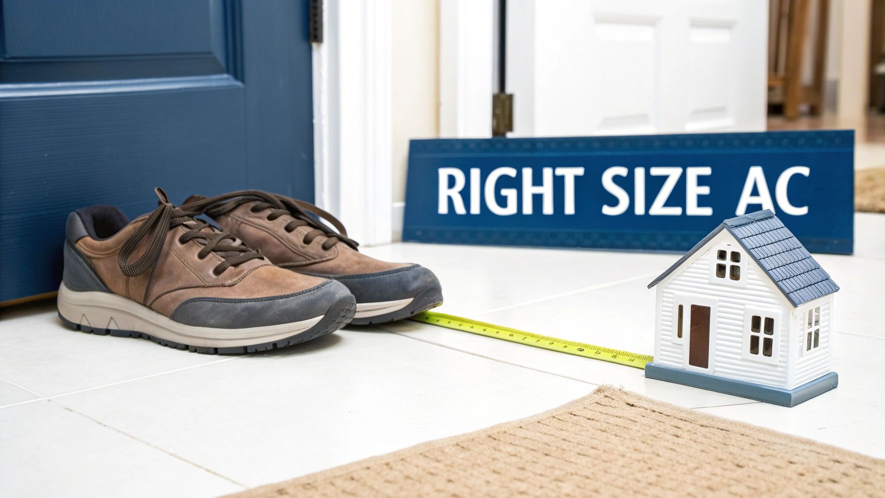 Brown shoes, a measuring tape, and a miniature house model next to a "RIGHT SIZE AC" sign, emphasizing proper air conditioner sizing.