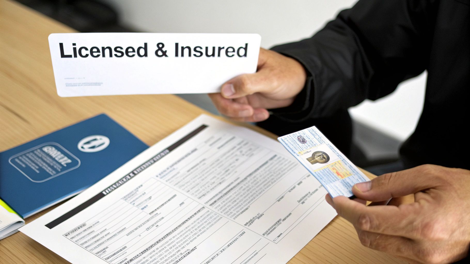 Close-up of a hand holding a 'Licensed & Insured' sign next to an ID and paperwork.