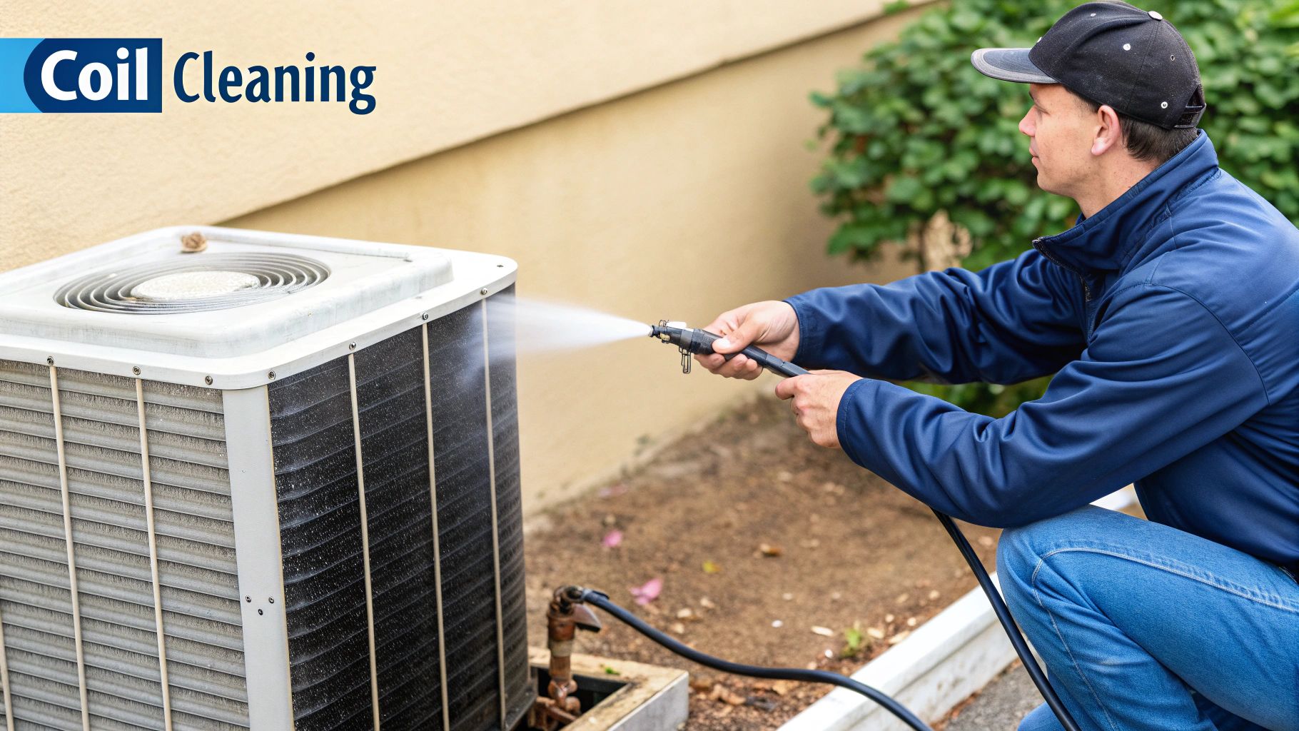 A technician kneels and uses a hose to spray water, cleaning an outdoor AC unit coil.