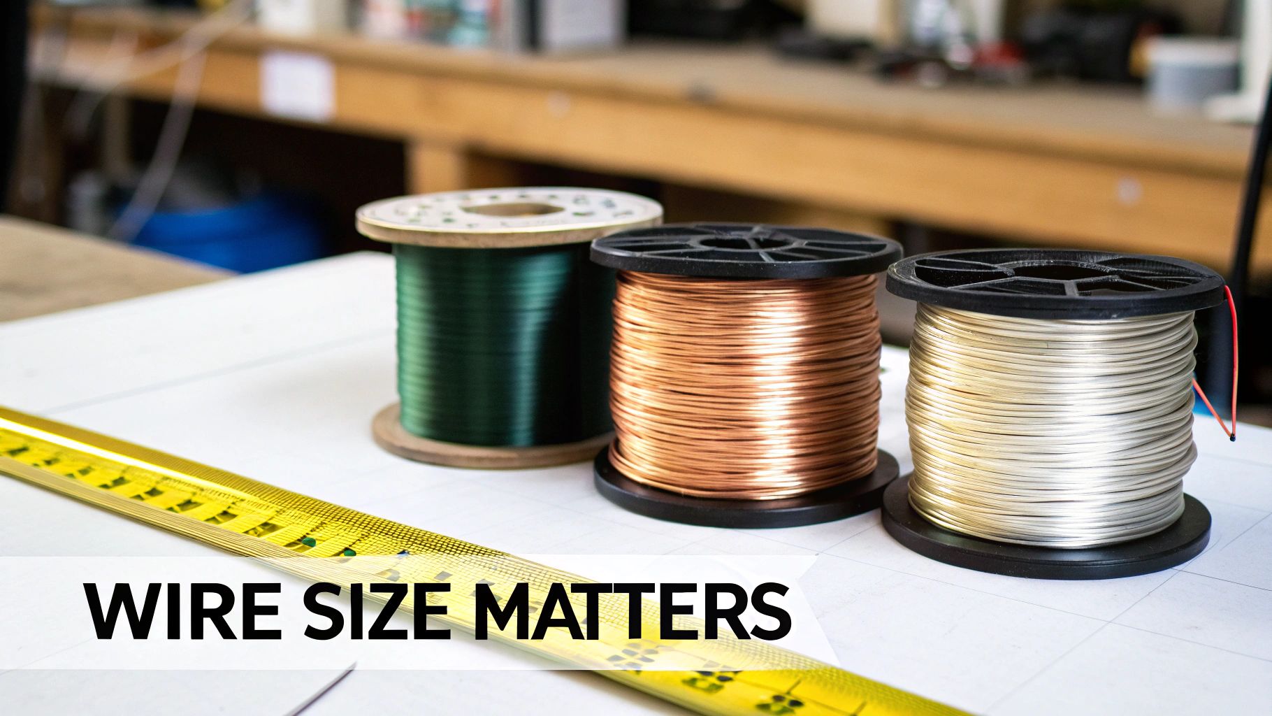 Three spools of electrical wire in green, copper, and silver with a measuring tape.